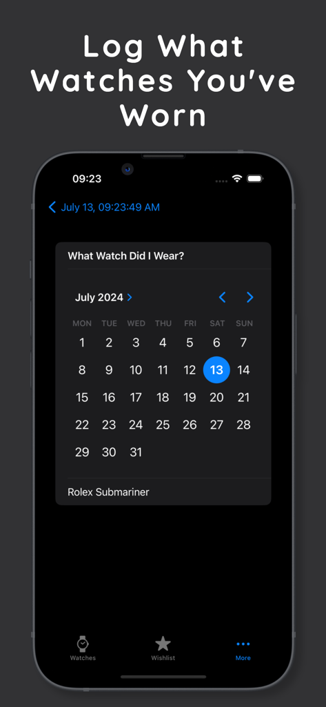 Watch Collector - Calendar view in the Watch Collector app showing a logged entry for a Rolex Submariner