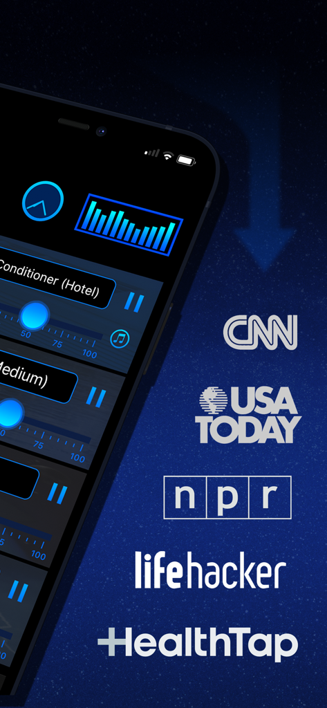Sleep Machine - Smartphone mostrando a interface do aplicativo Máquina de Dormir ao lado de logotipos de veículos de comunicação, incluindo CNN, USA Today, NPR e Lifehacker.