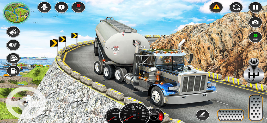 Oil Tanker Euro Truck 3D Games - A heavy oil tanker truck driving on a narrow mountain road in a 3D simulation game with driving controls displayed on screen