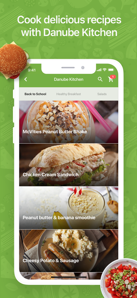 Pantalla de la aplicación móvil Danube Kitchen que muestra una variedad de recetas deliciosas, incluyendo batidos de mantequilla de maní y sándwiches de crema de pollo.