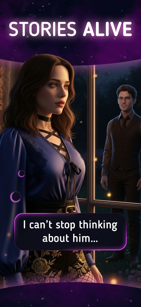 Midnight Stories: Choices Game - A woman in a blue dress looking at a man through a window in the Midnight Stories mobile game