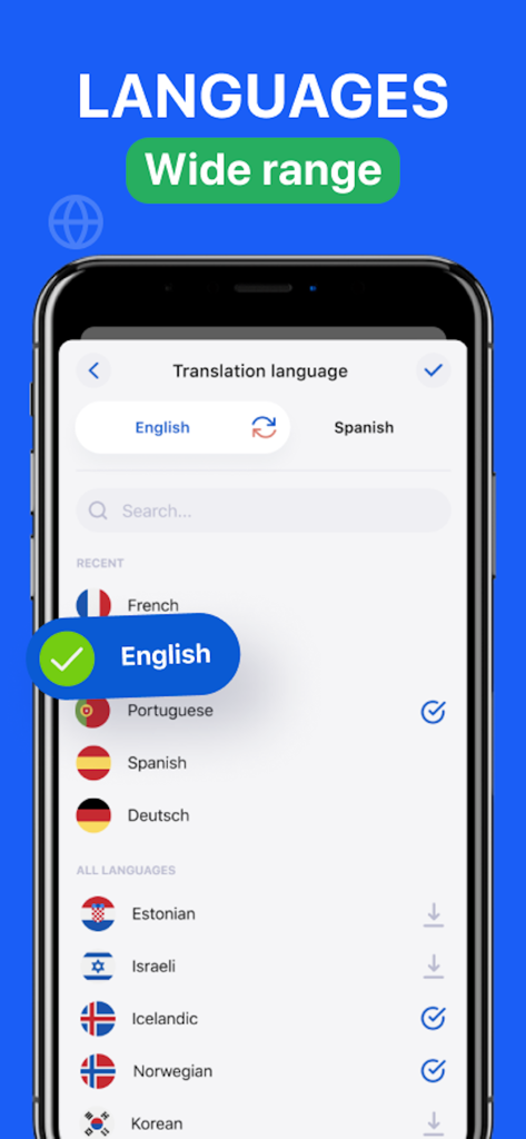 Uno screenshot dell'app Voicelator che mostra un'ampia gamma di lingue internazionali per la traduzione