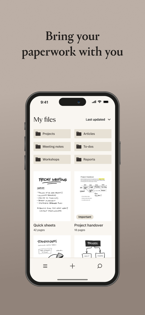 Ein Smartphone, das die reMarkable Mobile App-Oberfläche mit Ordnern und Miniaturansichten von handschriftlichen Notizen anzeigt