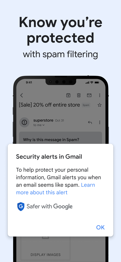 Gmail app interface displaying security alerts and spam filtering protection on a smartphone screen