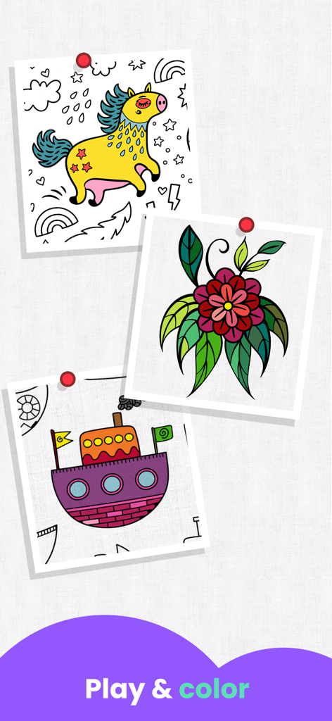 SKIDOS Coloring Games for Kids - Interfaz de libro de colorear digital que muestra un caballo colorido, una flor y un barco con el texto Jugar y colorear