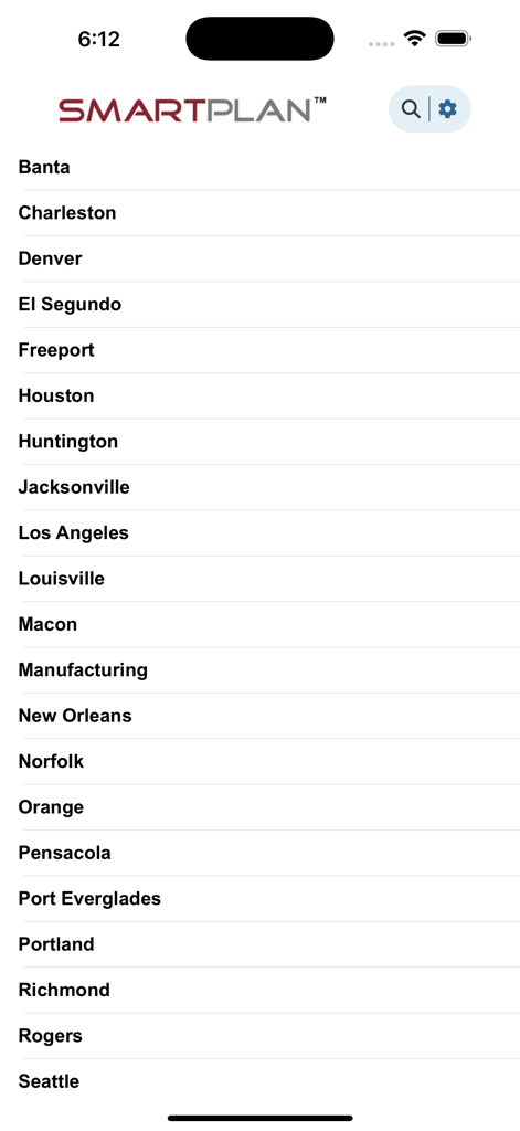SMARTPLAN SMART App - A list of industrial facility locations within the SMARTPLAN mobile application interface.