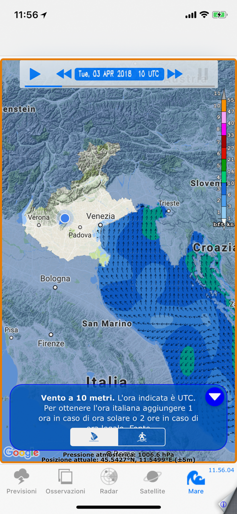 Weather map of the Veneto region showing wind speed and direction over the sea