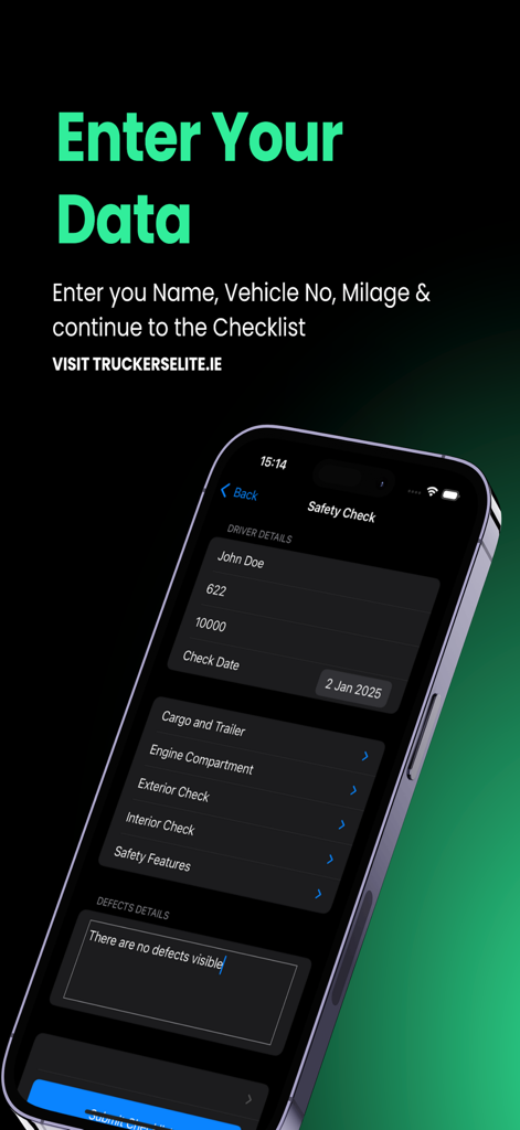 A mobile app interface for WalkAround Checks displaying fields for driver details and a safety check list for vehicle inspections.