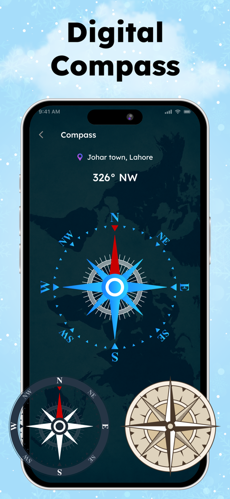 Digital compass interface in the Room Temperature app showing orientation and location data