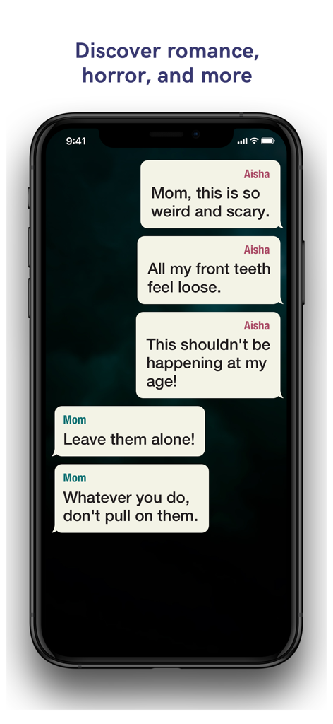 Une capture d'écran de l'application Hooked affichant une histoire d'horreur basée sur un chat pleine de suspense entre une fille et sa mère.