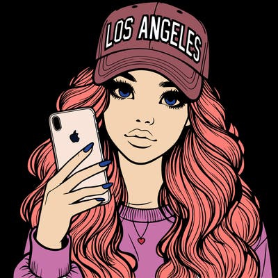 realistic beautiful girl wearing los ángeles cap holding an iphone