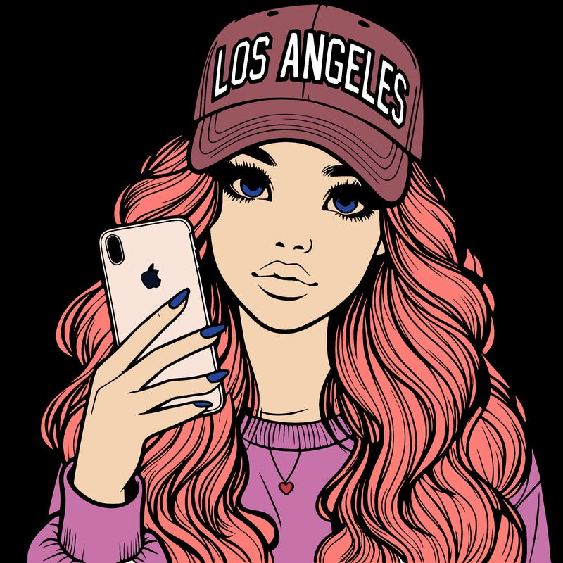 realistic beautiful girl wearing los ángeles cap holding an iphone