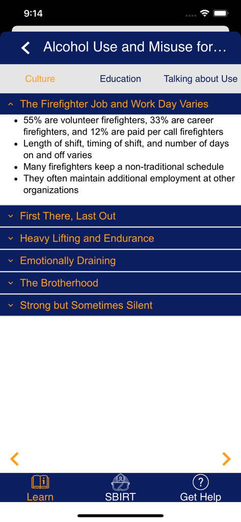 Screenshot of the Culture tab in the Alcohol Use and Misuse-Providers app showing details about firefighter work schedules and cultural challenges.