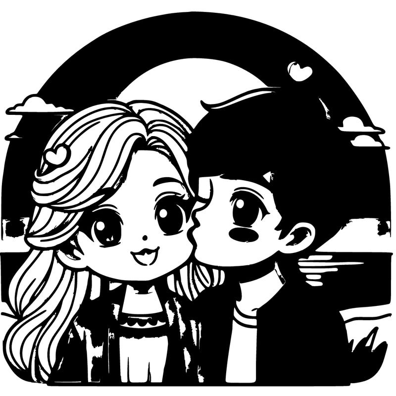 blonde haired girl kissing a boy with charming brown hair behind a sunset