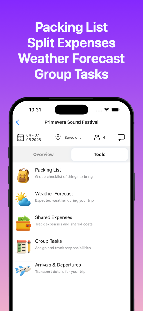 FlowTrip AI Group Trip Planner - Interface of FlowTrip AI app showing group travel tools like packing list, shared expenses, and tasks
