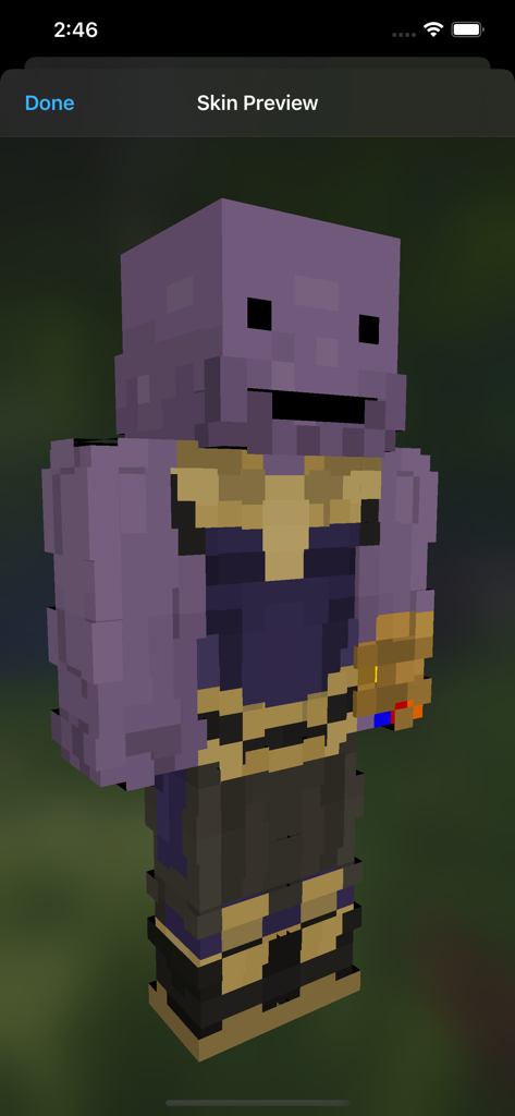 3D-Vorschau eines von Thanos inspirierten Minecraft-Skins in der Creator-App