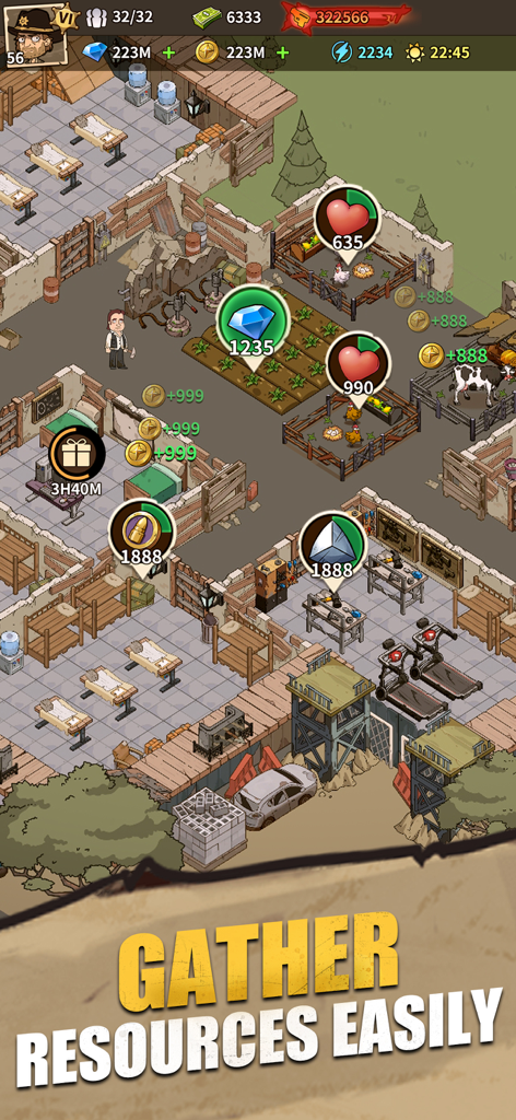 An isometric view of a base in Survivors Squad highlighting resource gathering mechanics