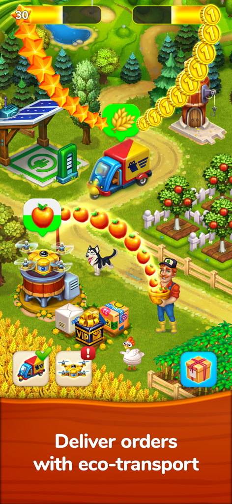 Farmington – Farm game - Un granjero entregando pedidos de manzanas usando un dron de carga y un camión eléctrico en el juego móvil Farmington.
