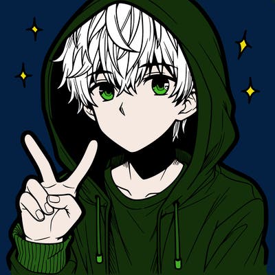 teenage manga boy in a hoodie, doing ✌