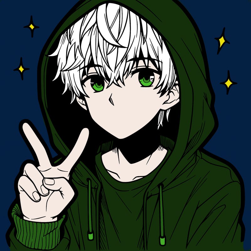 teenage manga boy in a hoodie, doing ✌