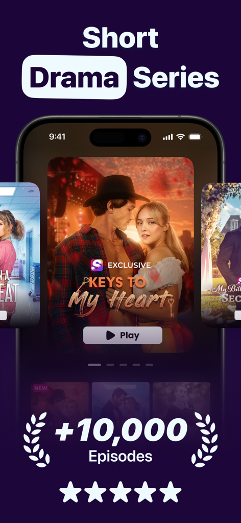 Shortical - Shortical app home screen showing featured drama series titles and a library of over 10000 episodes