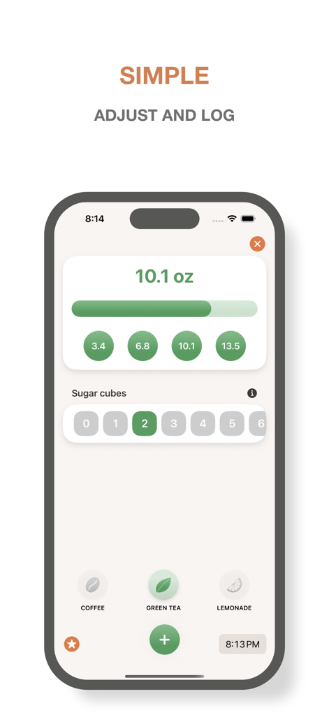Drink Note – Water Tracker - Drink Note 앱 인터페이스, 선택한 음료에 대한 양 조절 및 설탕 큐브 추적을 보여줍니다.