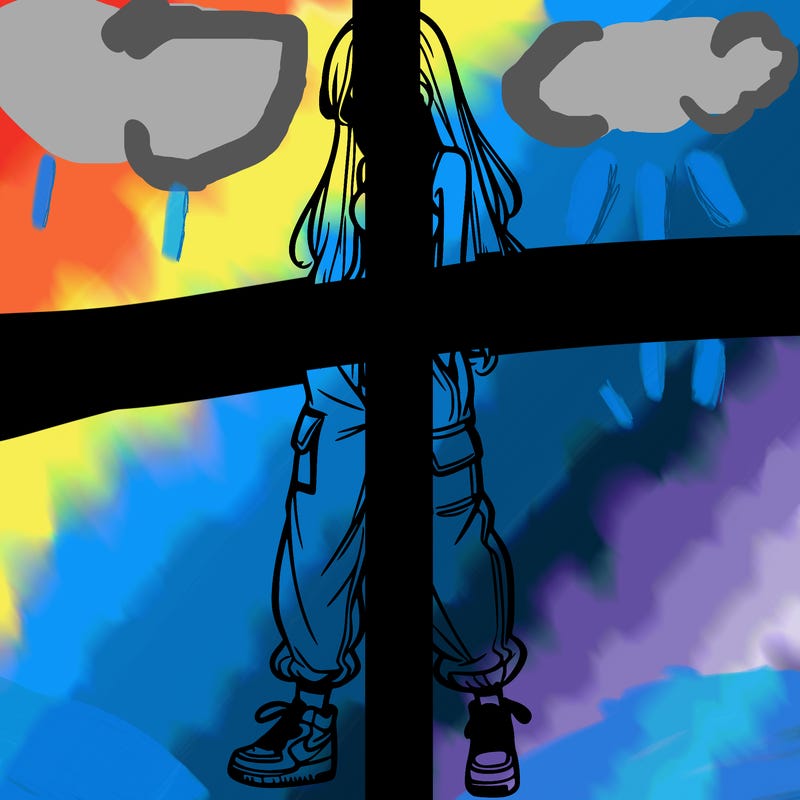 girl in baggy pants crop top and long hair