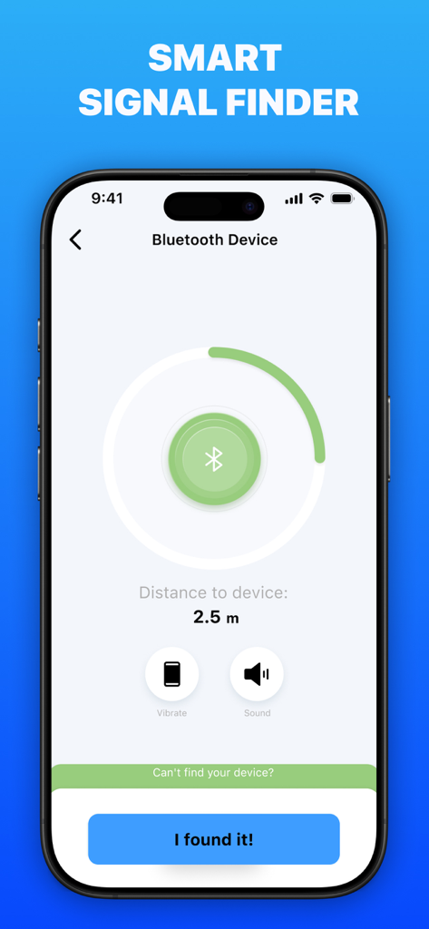 Find My Lost: Device Finder - Smartphone screen displaying a proximity radar and distance meter to locate a lost Bluetooth device