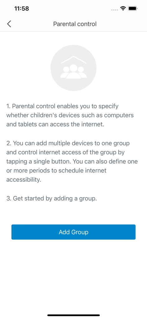 Steren WiFi - Tela de configuração de controle dos pais e gerenciamento de grupos no aplicativo Steren WiFi.