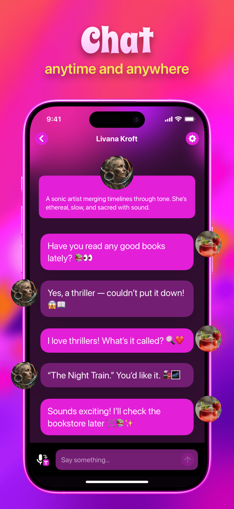 Frenzo - Chat, Connect & Cheer - Frenzo mobile app interface showing a chat conversation with an AI character