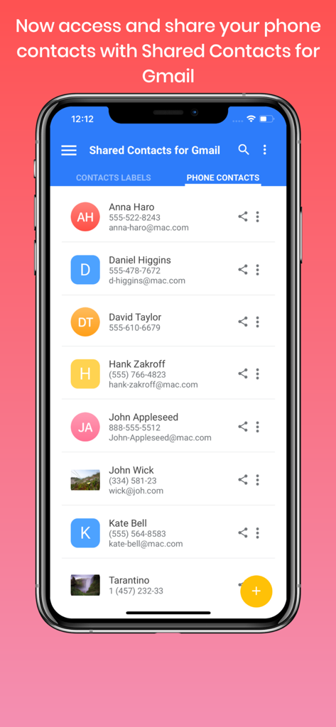 Shared Contacts for Gmail® - Interface of the Shared Contacts for Gmail app showing a list of phone contacts with individual share buttons