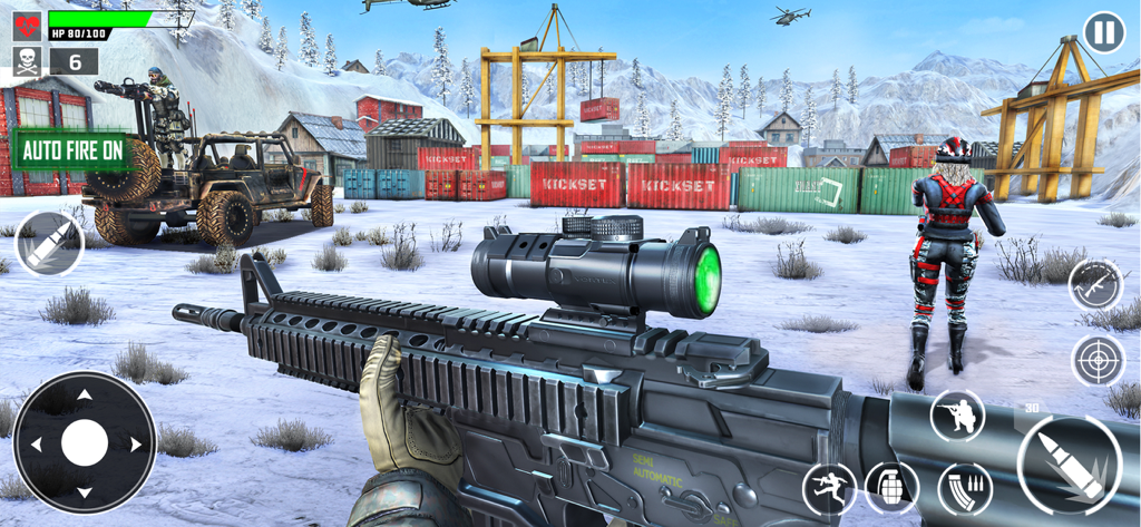 Trigger Fist Gun Shooting Game - First person shooter gameplay with an assault rifle in a snowy industrial environment