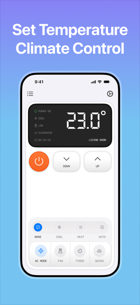 AC Remote control - S9Remote - Pantalla de smartphone que muestra la interfaz de control de temperatura y modo de la aplicación S9Remote AC