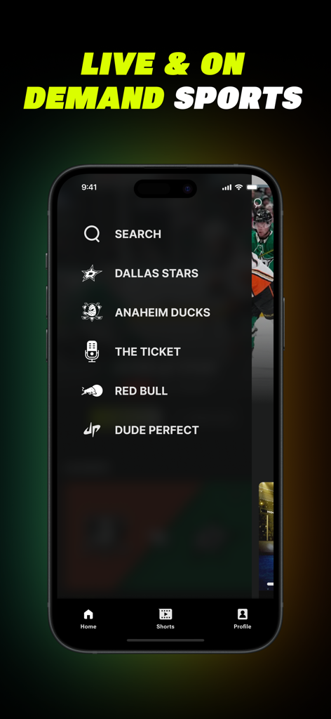 Victory plus app screen showing the main menu with options for Dallas Stars Anaheim Ducks and other sports content