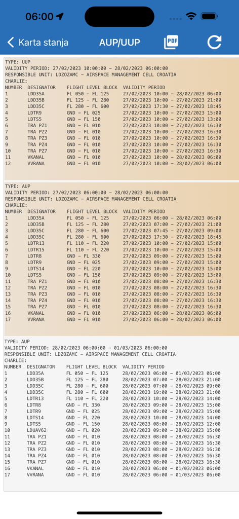 AMC Portal Mobile app screen displaying Airspace Use Plan and Updated Airspace Use Plan data for flight management