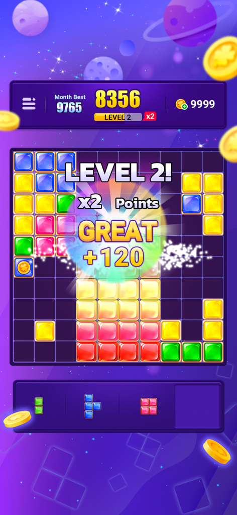 Block Puzzle Jewel :Gem Legend - Tela de jogabilidade de Block Puzzle Jewel Gem Legend mostrando blocos de joias coloridas e uma notificação de pontuação de nível