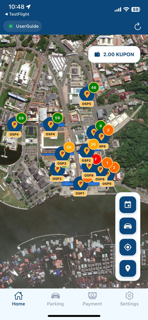 PINTAR Smart Parking App - Satellite map view of the PINTAR Smart Parking App showing parking zones and KUPON balance.