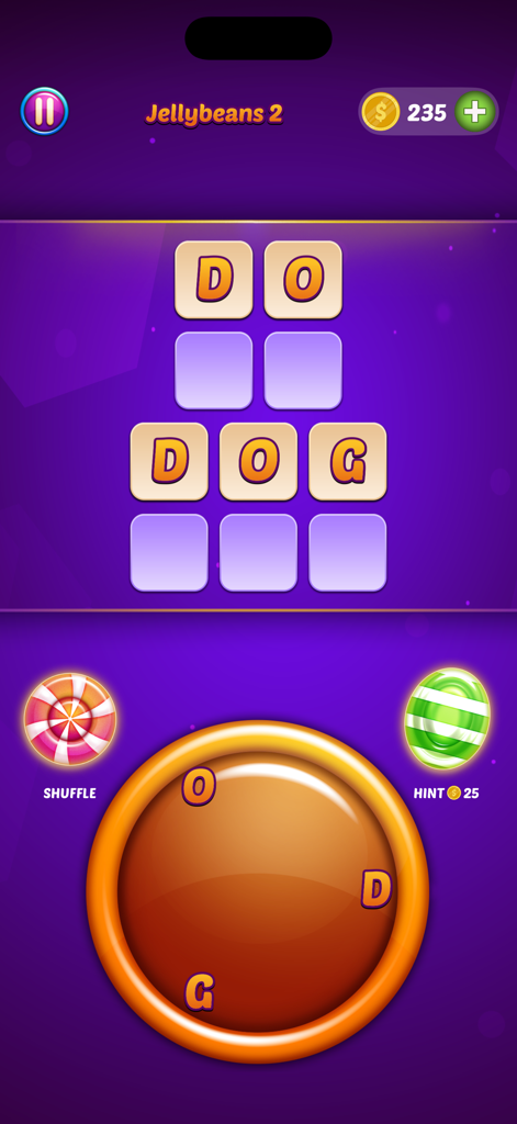 Gameplay screen of Word Candy puzzle showing letters D O G to form words in a candy themed interface