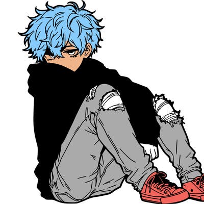 a male hoddie ripped jeans messy hair anime