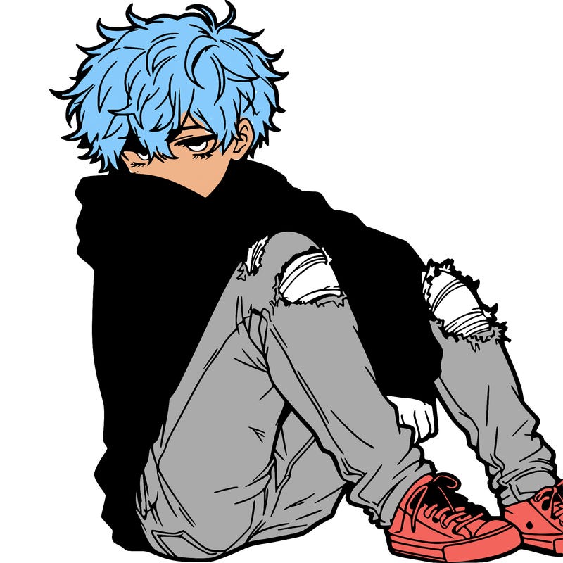 a male hoddie ripped jeans messy hair anime