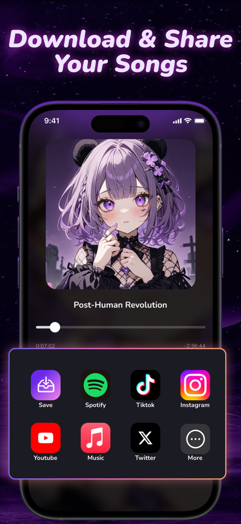 Mobile screen showing the download and share options for an AI generated song to platforms like TikTok and Instagram