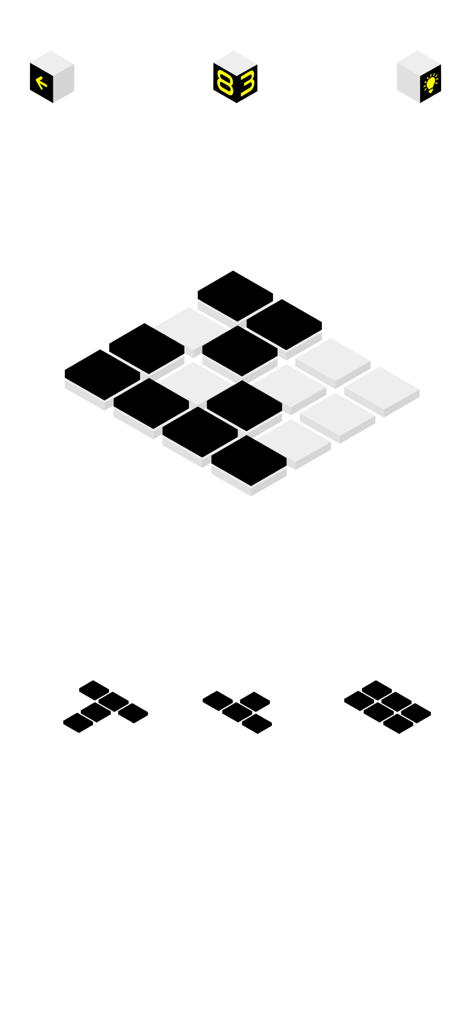 A minimalist 3D isometric block puzzle gameplay screen with black and white tiles on a light grid.