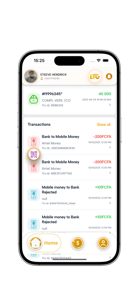 EDG MOBILE-BANK - Transaction history screen on the EDG MOBILE-BANK app showing mobile money transfers