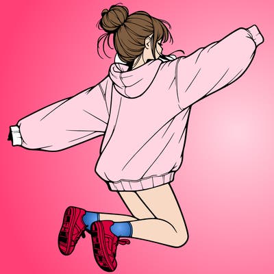 realistic girl jumping with a bun and oversized sweatshirt