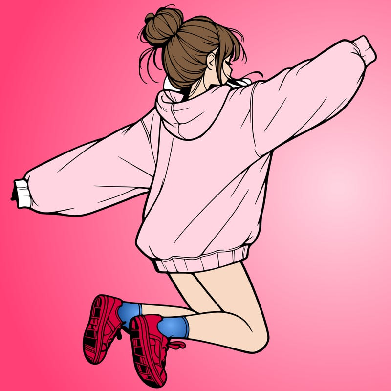 realistic girl jumping with a bun and oversized sweatshirt