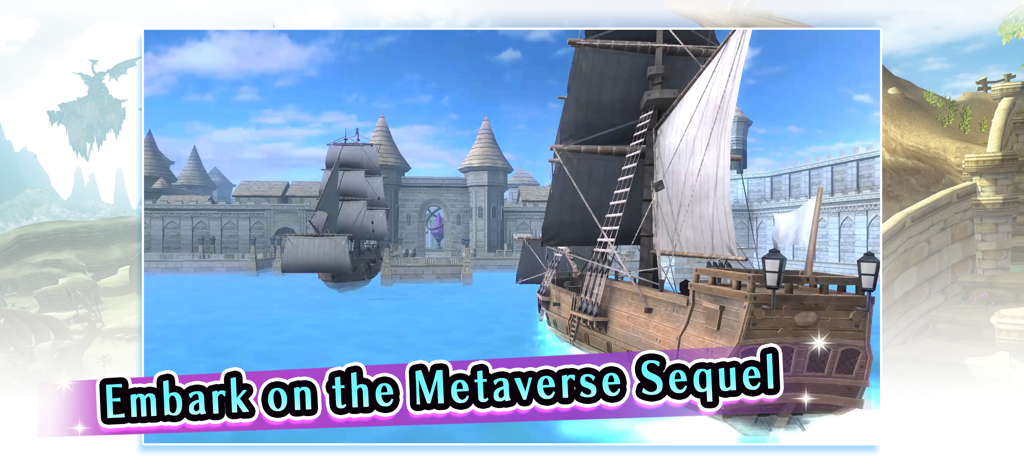 Gensokishi Online - MMORPG - Two sailing ships in a fantasy harbor with text Embark on the Metaverse Sequel