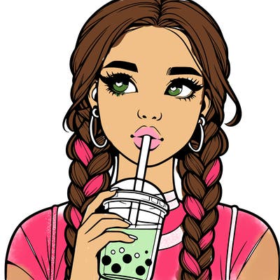 realistic girl with braided hair drinking boba