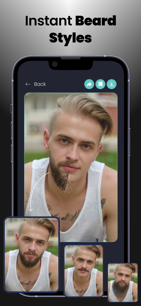 Captura de pantalla de la aplicación Face Magic demostrando la función de estilos de barba instantáneos en un retrato masculino