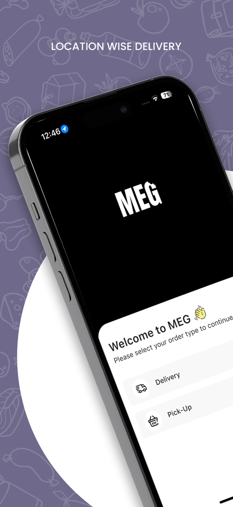 MEG BURGERS - Meg Burgers app welcome screen with delivery and pick up options