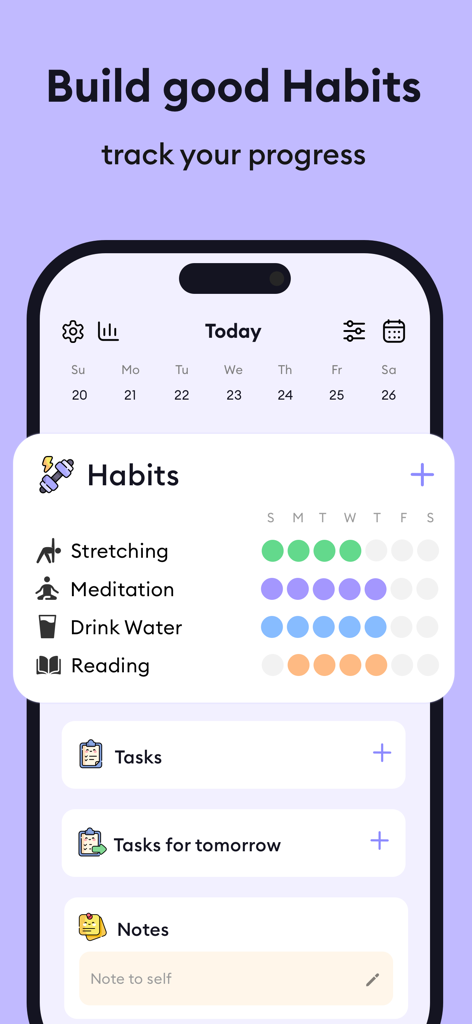 Interfaz de la aplicación Planwoo ADHD Planner que muestra el progreso del seguimiento de hábitos y la organización de tareas diarias